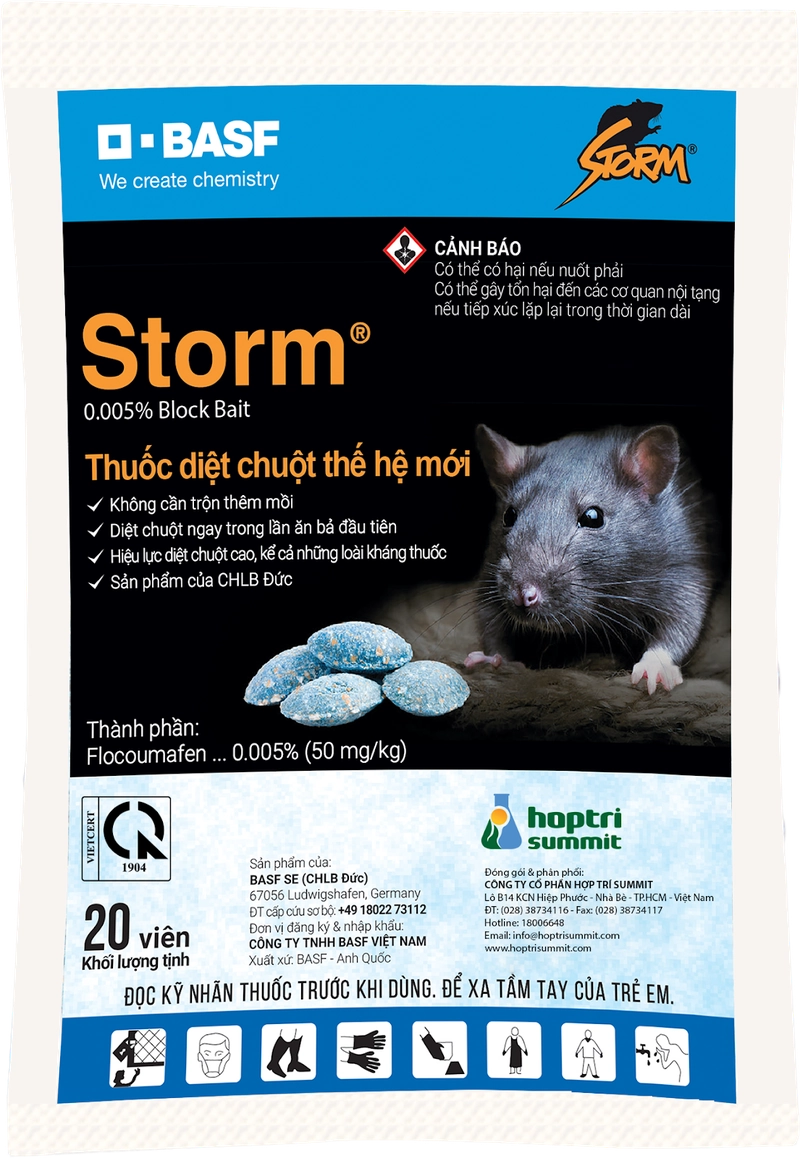  Thuốc diệt chuột dạng viên Storm 0.0005% là thuốc diệt chuột thế hệ mới, không cần trộn thêm mồi, hiệu lực diệt chuột cao