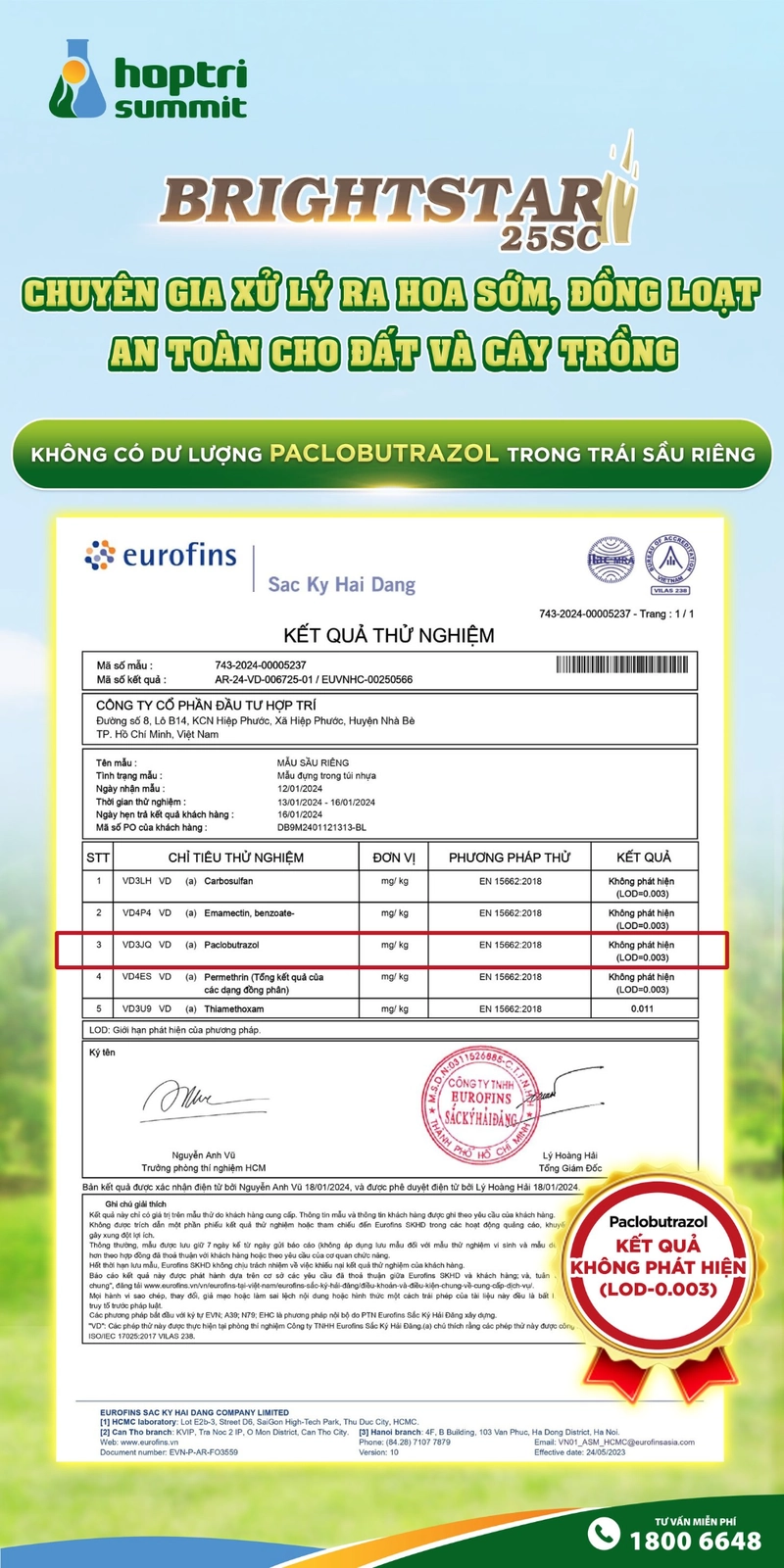 EUROFIN (tập đoàn khoa học hàng đầu thế giới, chuyên cung cấp các dịch vụ kiểm nghiệm, thử nghiệm phân tích thực phẩm, môi trường, dược phẩm, mỹ phẩm và nông nghiệp) đã phân tích rất nhiều mẫu trái và đất trồng sầu riêng có sử dụng Brightstar 25SC nhiều năm tại Tiền Giang, Bến Tre, Đồng Tháp, Tây Ninh….đều cho kết quả không phát hiện paclobutrazol tồn lưu 