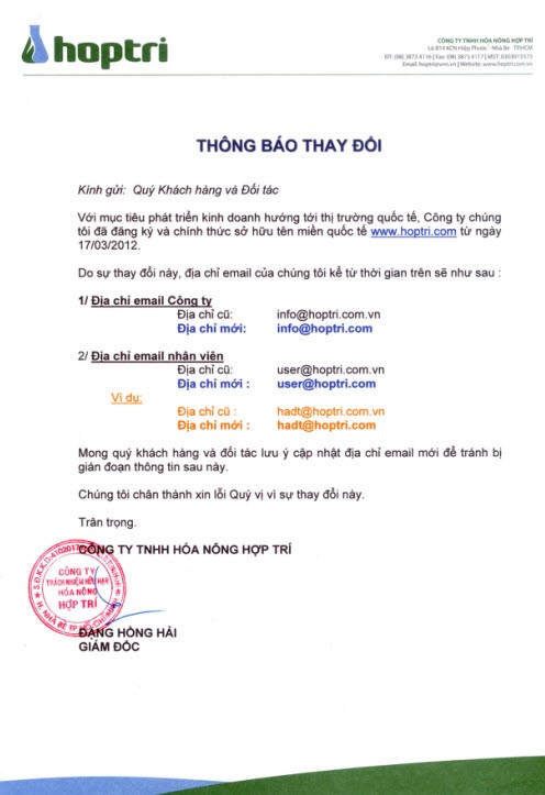 Công ty Hợp Trí thay đổi địa chỉ email và tên miền